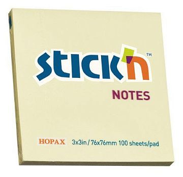 Блок для записей с клейким краем Stick'n желтый, пастельный, 76х76мм, 100 листов