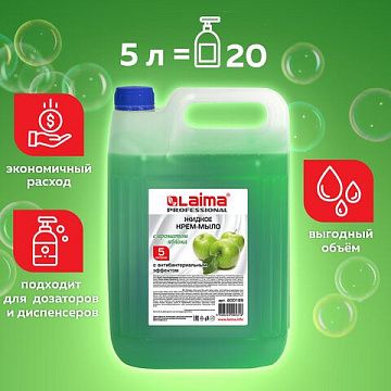 Жидкое мыло наливное Laima Professional 5л, яблоко, с антибактериальным эффектом, 600189