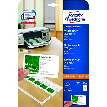 Визитные карточки Avery Zweckform Quick&Clean C32011-10, белые, 85х54мм, 200г/м2, 10шт на листе А4,