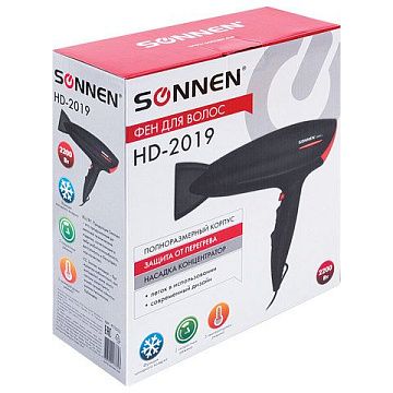 Фен Sonnen HD-2019 черный, 2200Вт, 2 скорости, 3 температурных режима