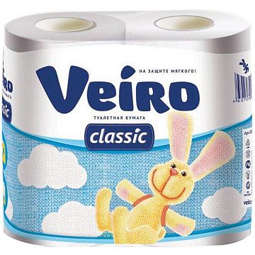 Туалетная бумага Veiro Classic без аромата, белая, 2 слоя, 4 рулона, 140 листов, 17.5м