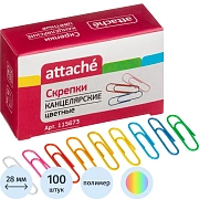 Скрепки канцелярские Attache 28мм, овальные, 100шт/уп, цветные