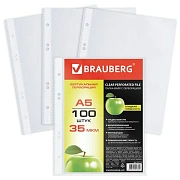 Файл-вкладыш А5 Brauberg прозрачный, вертикальные, 35 мкм, 100 шт/уп