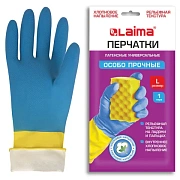 Перчатки МНОГОРАЗОВЫЕ латексные LAIMA 'БИКОЛОР', сине-желтые, ОСОБО ПРОЧНЫЕ, хлопковое напыление, размер L (большой), вес 60 г, 700543