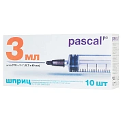 Шприцы одноразовые Pascal 3-х компонентные 3мл, игла 0,7х40 - 22G, 10шт, коробка